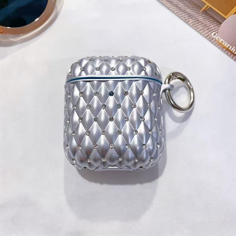 Portable shiny rhinestone earphone case protective cover, silver quilted protective cover with keychain