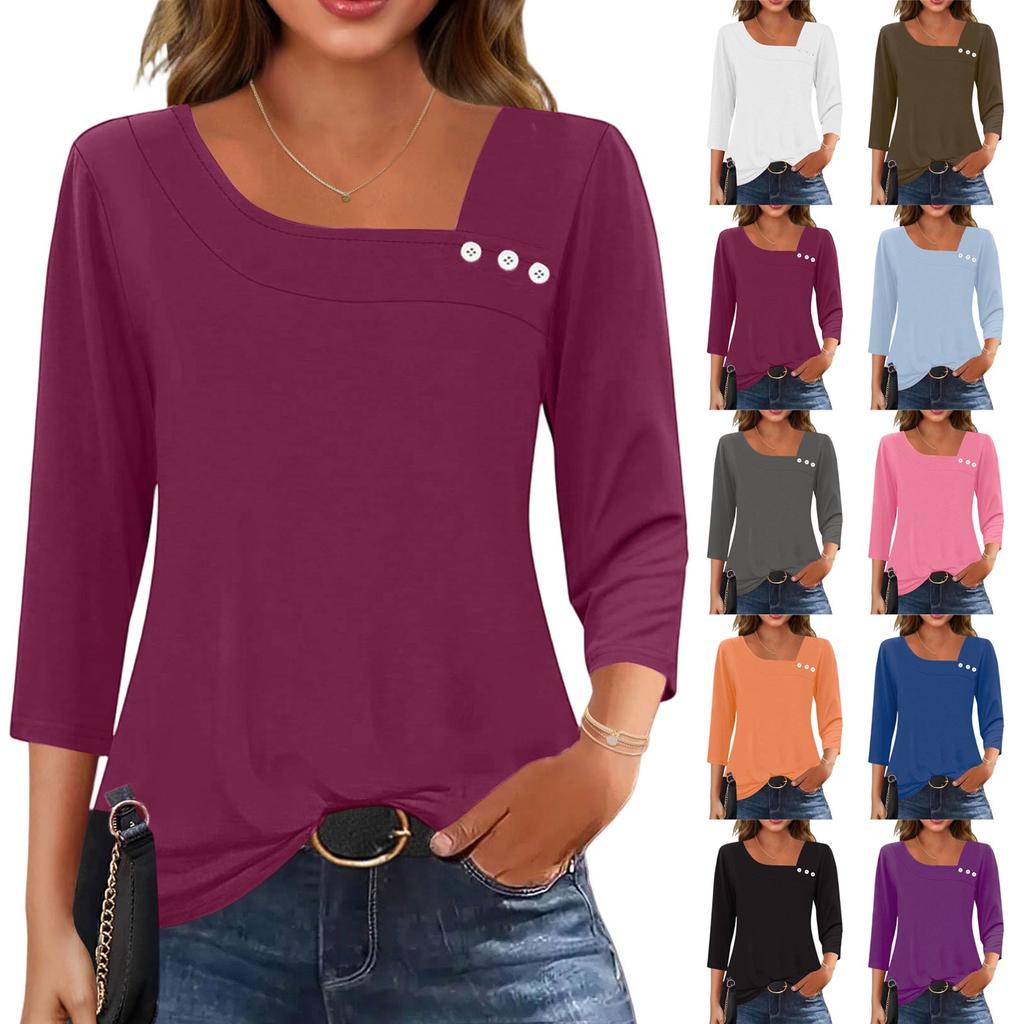3/4 Sleeve Shirts For Women  Tees Blouses Casual Plus Size Basic Tops Pullover
