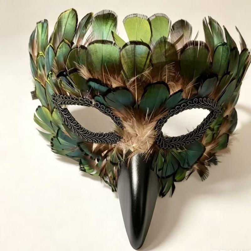 Handmade Peacock Feather Beak Mask Venetian Masquerade Halloween Crow Long Nose