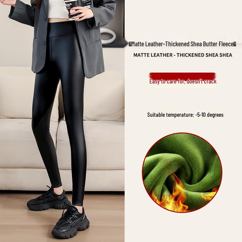 Women's Winter PU Leather High-Waist Thick Velvet Leggings - Plus Size, Slimming, Warm