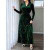 Elegant Plus Size Velvet Dress With Vertical Rose Print V-Neck Long Sleeve A-Line Floor Length Formal Gown