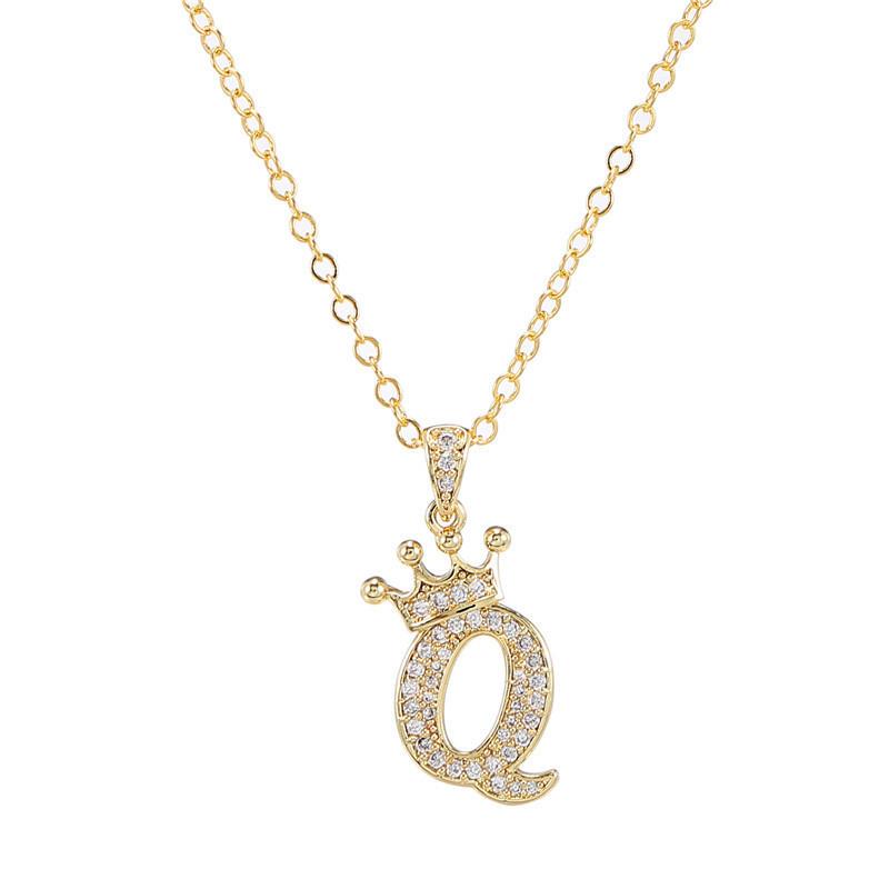 Fashion Cubic Zirconia Crown Letter Pendant Necklace Gold Hip Hop Punk Alphabet Jewelry