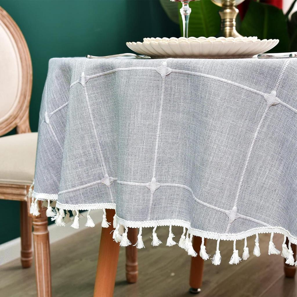 Nordic Ins Style Round Table Cloth Fringed Large Plaid Picnic Table Fabric Imitation Cotton And Linen Tablecloth Cover Cloth Spot Batch