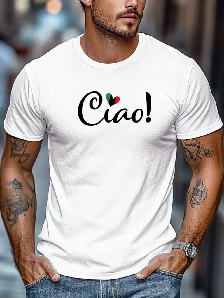 Men's Casual Short-Sleeve T-Shirt with Italian "Ciao" Heart Print, Simple Outdoor Sports Crew Neck Tee