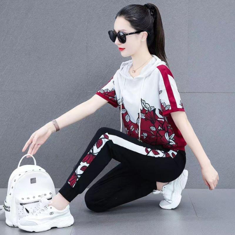 Casual Sports Suit for Women, Summer, Fashionable, Hooded, Slim, Short-sleeved, Loose Running Two-piece Set