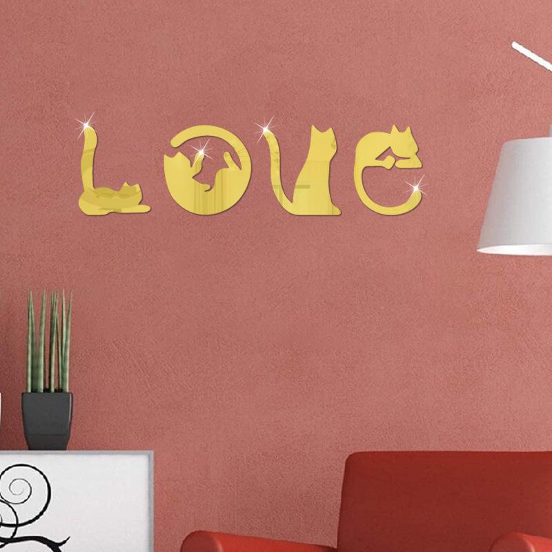 3D Acrylic Cat Cartoon Animal Mirror Wall Sticker - LOVE Design for Bedroom/TV Background