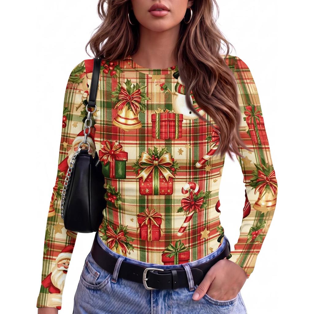 Damen Slim Fit Langarm-T-Shirt mit festlichem Aufdruck am Ausschnitt Lässiges Oberteil