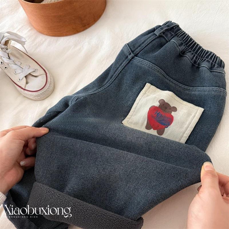 Kids Fleece-Lined Denim Pants with Cute Bear Print for Boys and Girls