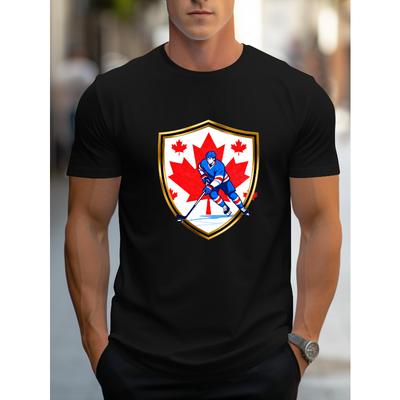 Hockey Print Short Sleeve Polyester Tee Crew Neck Wrinkle Resistant Easy Care Casual Top