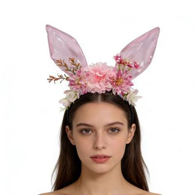 Flower Rabbit Ears Headband Floral Colorful Easter Headwear Cute Headpiece Photography Props Bunny Ears Hair Hoop Children