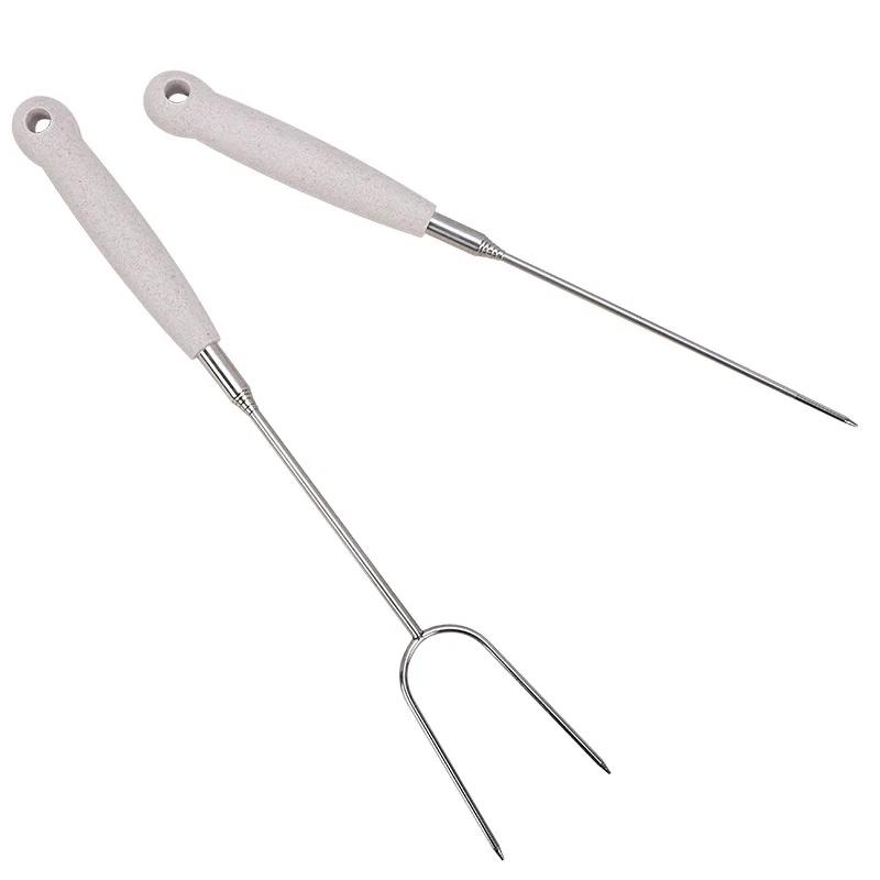 Outdoor BBQ Edelstahl Teleskopische Grillgabel U-förmiger Holzgriff Grillfleisch Grillspieße