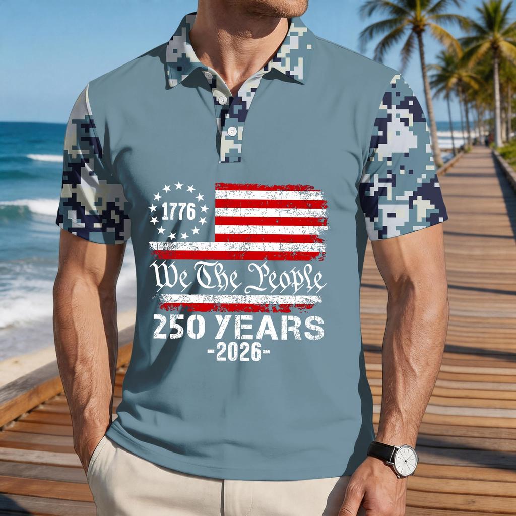 Men's Loose Fit Casual Short Sleeve Polo Shirt with Digital Camouflage Sleeves and Printed Flag Graphic 250 Years Commemorative Design