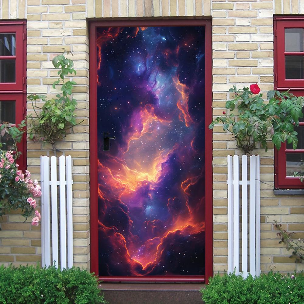 

1pcs Starry Sky Nebula Decorative Door Stickers Space Planet Galaxy Pattern Self Adhesive Wall Stickers Living Room Bedroom Entr (as the picture,77x200cm)