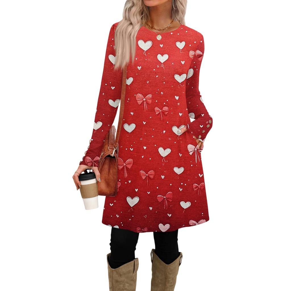 Damenmode lässiges Kleid mit Tasche, dekorativen Knöpfen, Rundhalsausschnitt, langen Ärmeln und Print