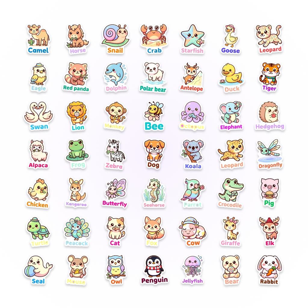 50 Cute Cartoon Animal Stickers Children'S Hand Account Decoration Waterproof Stationery Stickers Creative Stickers Small Fresh
