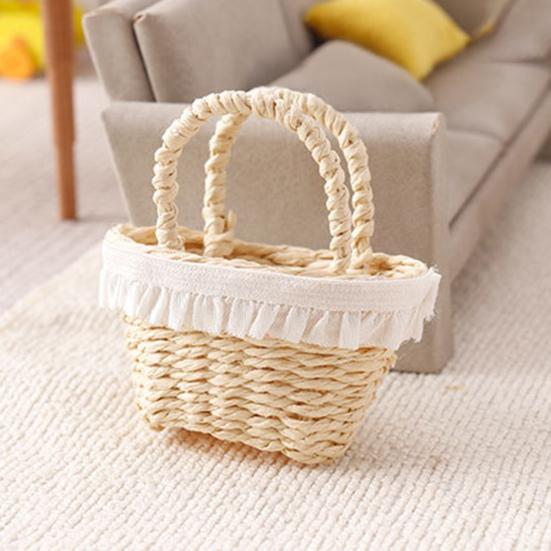 Yousheng 1:Dukkehuskurv i skala 12 Mini flettet kurv med håndtak Mikroscene Vevd oppbevaringskurv med blondekant for dukkehustilbehør
