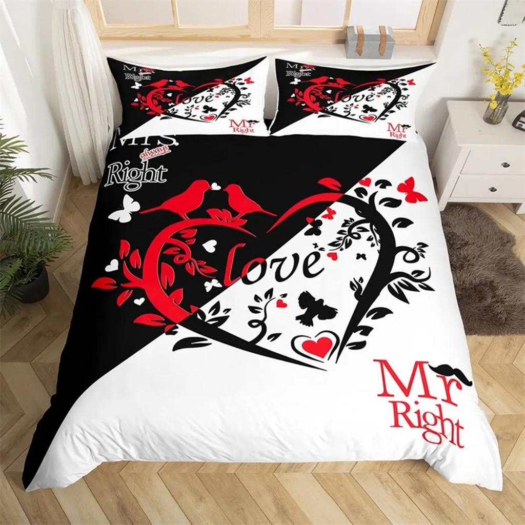 Couple Romantic Wedding Mr And Mrs Duvet Cover Microfiber Funny Quotes Love Heart Happiness Love Birds For Valentine'S Day Adult