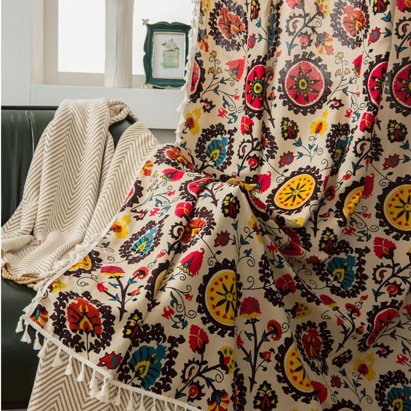Bohemian Zonnebloem Katoen Linnen Gordijnen met Kwastjes voor Woonkamer Slaapkamer Keuken Balkon Kamer Bloemen Raambekleding Fabriek custom size&Grommet Top