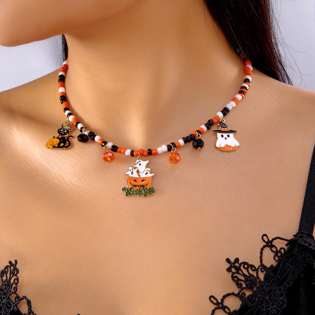 Halloween Colorful Rice Beads Chain Necklace for Women Men Black Cat Spider Bat Pumpkin Ghost Pendant Choker Clavicle Jewelry