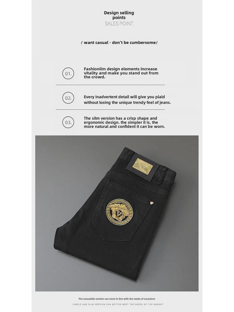 Men's Slim Straight Stretch Jeans with Gold Embroidery - Spring/Autumn Collection