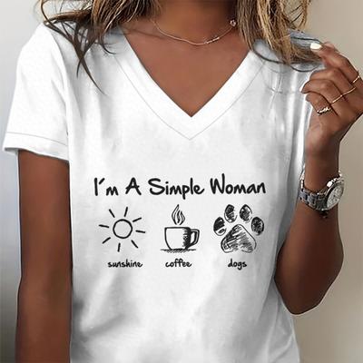 Woman T-shirts I Am A Simple Woman with Letters Sunshine Coffee Dog Pattern T-shirt Fun Cute Retro Design V-neck T-shirts