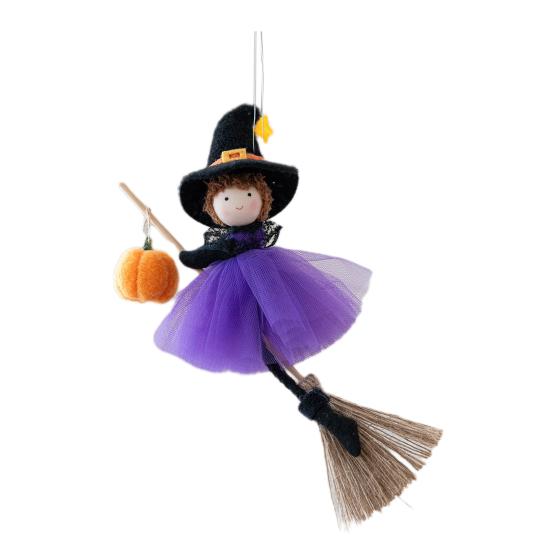 Halloween Hanging Witch Decor Mini Plush Flying Witch Doll with Broom for Haunted House Lawn Garden Patio Halloween Party Decor
