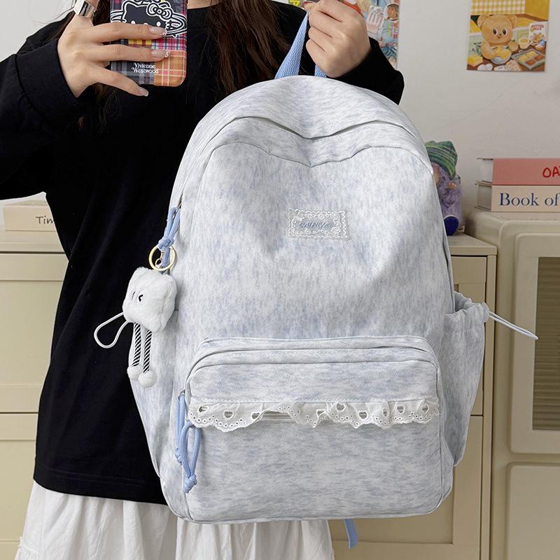Schoolbag Korean Gentle Milk Mist Smudged Lace Backpack Female Junior High School Students Daily School Trip Versatile Schoolbag