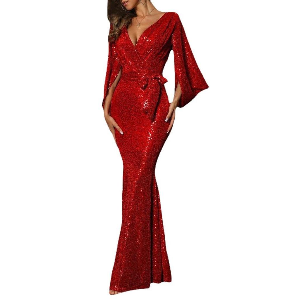 Spring Summer New Sexy High-end Dress European American Style Split Solid Color Sequin Long Mop Evening Dress