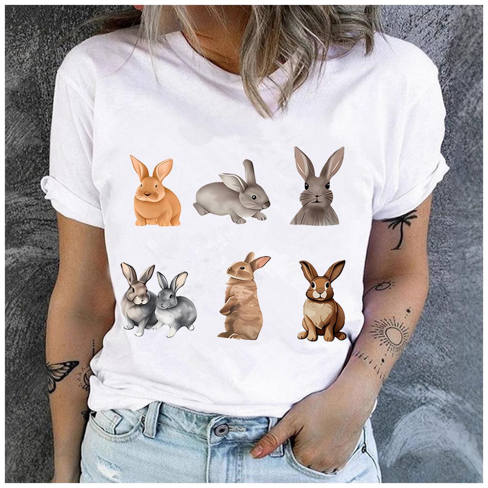 Unisex 100% Polyester Cartoon Rabbit Print Loose Round Neck Short Sleeve Fashion Summer Top Different Postures