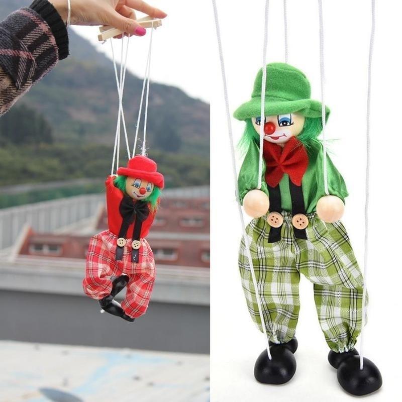 Pull String Puppet Clown Wooden Marionette Joint Activity Doll Vintage Child Toy