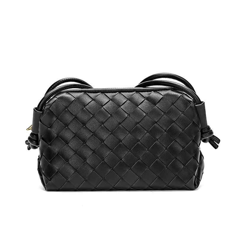 Womens Small Square Leather Crossbody Bag With Woven Detail Soft Genuine Cowhide Shoulder Phone Camera Daily Use