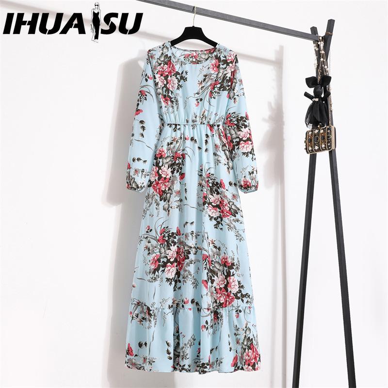 IHUASU 25 Colors Spring Women Maxi Dresses Casual Long Sleeve Floral Print O-Neck Ladies Long Dress Bohe Beach Party Mujer Vestidos Muslim Dress