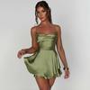 Satin Silk Women Sexy Cami Playsuits Dress Solid Cowl Neck Sleeveless Short Jumpsuits Summer Cross Tie-Up Backless Romper
