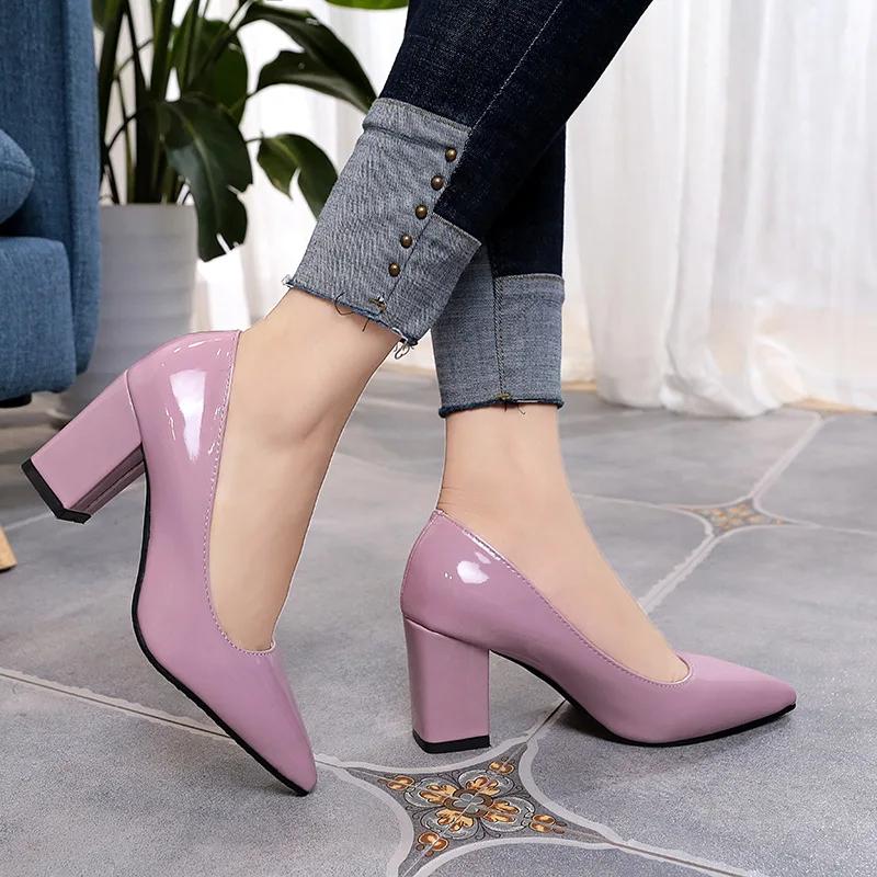 Fashion New Women Pumps Black High Heels Lady Patent Leather Shallow Thick with Autumn Single Shoes Slip-On Pointed Female Shoes