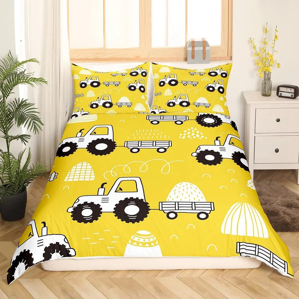 Conjunto de Roupa de Cama com Desenho de Escavadora e Trator de Construção 2/3 Peças King Amarelo Capa de Edredom Caminhão de Máquinas Capa de Colcha de Poliéster Carro para Crianças