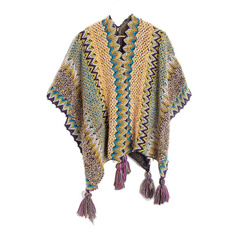Women's Fashion Spring Autumn Winter Pashmina Ethnic Style Tassel Cape Colorful Knitted Split Shawl