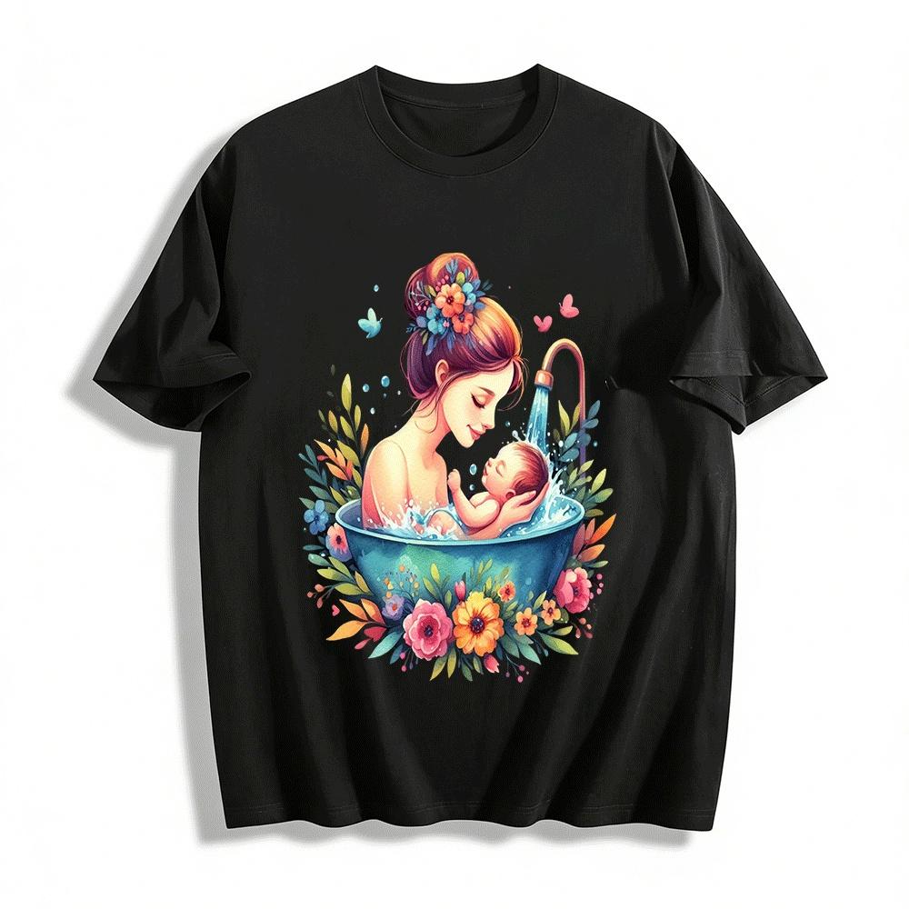 Gentle Mother Baby Bath Print Top Mommy And Kid Love Themed Shirt Pure cotton T-shirt XXS