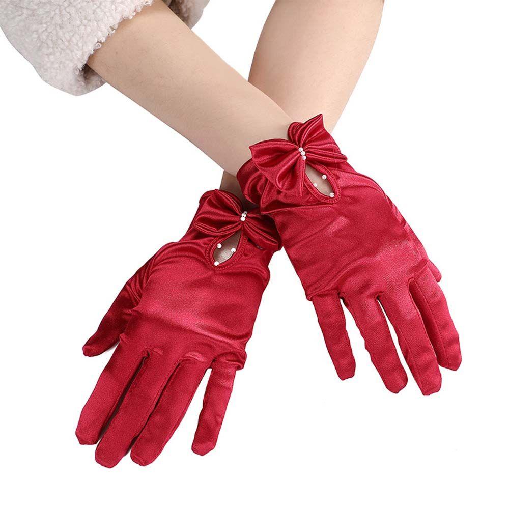 Pearl Prom Dinner Gloves Bridal Red Wedding Bridal Gloves Women Gloves Satin Mittens Bow Gloves