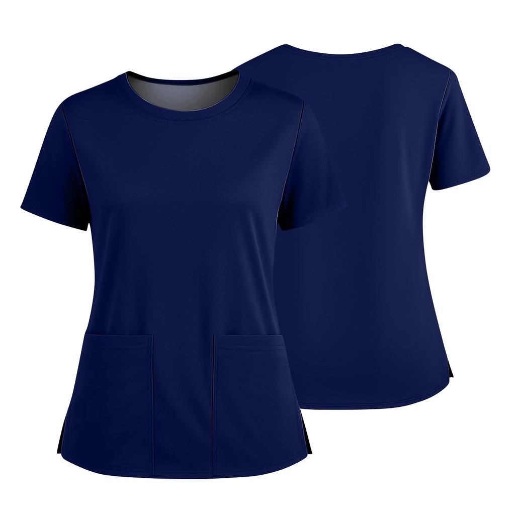 Dámská módní barevná kulatý výstřih kapsa krátký rukáv košile s rozparkem spodní lem uniforma a pracovní top