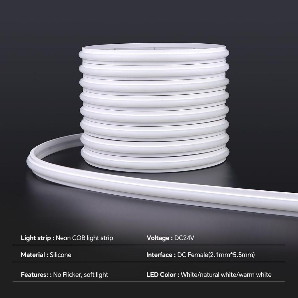 High End COB LED Neon Light Strip 24V Luminous Even,No Dark Area, Self-adhesive Neon Tape Lamp Waterproof LED Rope Room Decor