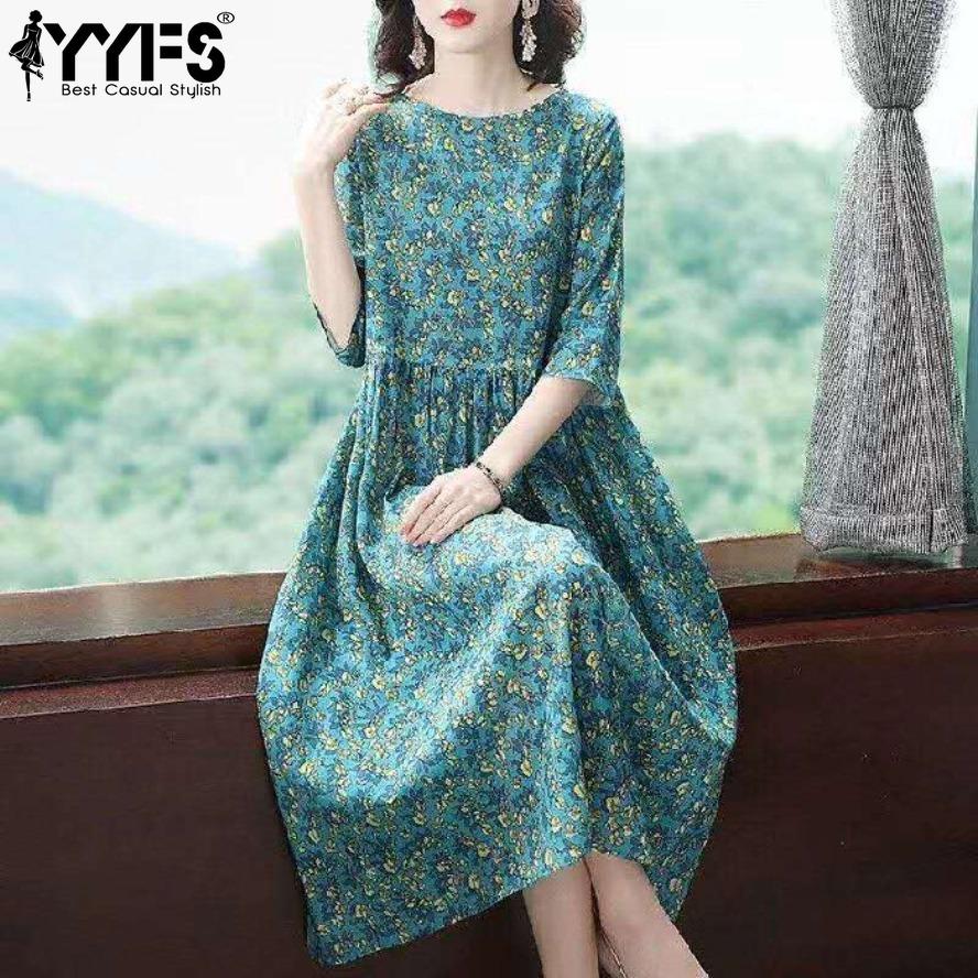 

YYFS Women s Fashion Summer Spring Flower Pattern Print 1/2 Sleeves O-Neck Loose Waistline Casual Dresses XL