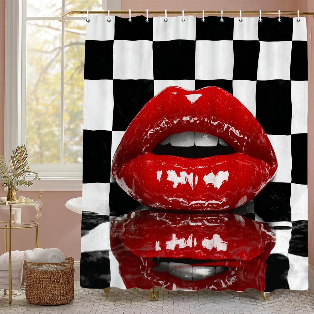 

Modern Black and White Pattern, Sexy Red Lips Shower Curtain for Bathroom Romantic Decorative Shower Curtains with Hooks 90x180cm-35x70in