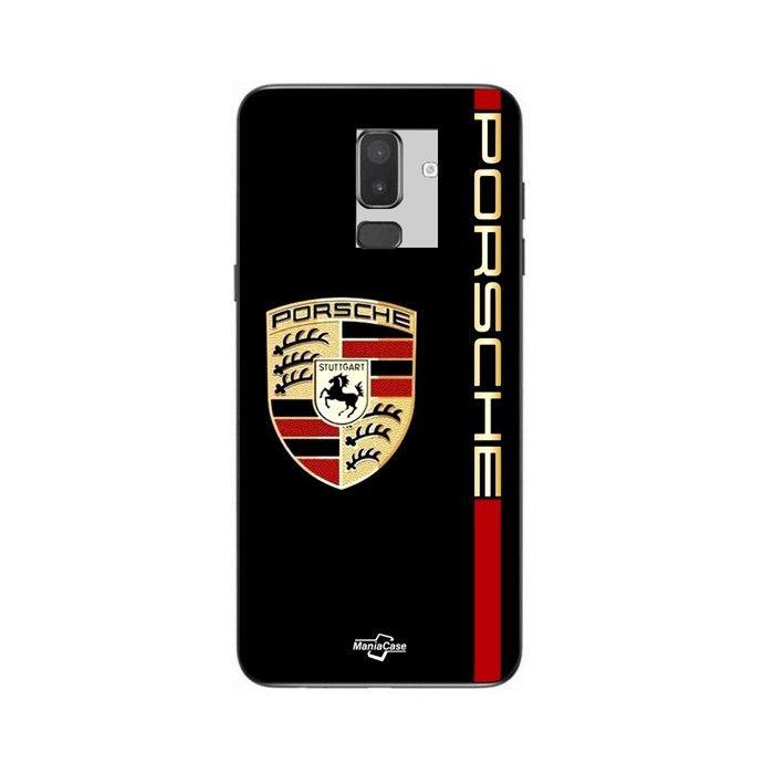 Coque de téléphone - MANIACASE - Samsung Galaxy J8 2018 - Logo PORSCHE rouge et doré - Silicone TPU - Souple noir