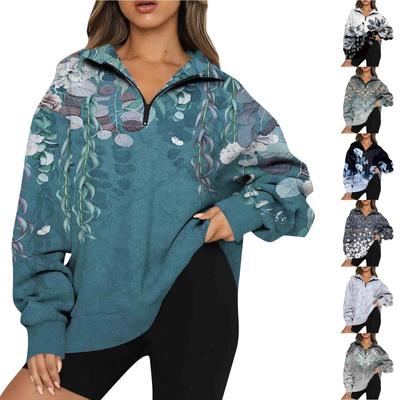Women's Casual Fashion Floral Print Long Sleeve Zipper Drop Shoulder Outdoor Oversized Sweatshirts