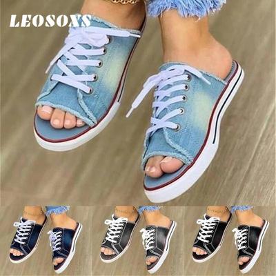 2025 Pantofole piatte in tela da donna, con lacci, da donna, con punta aperta, nuove scarpe casual da donna, alla moda, in denim, da spiaggia, taglie forti, 35-43