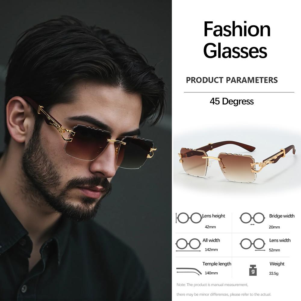 

Modern Minimalist Geometric Cut Angle Sunglasses with Carved Frameless Lens Design Exquisite Metal Decoration Sunglasses Men Tawny