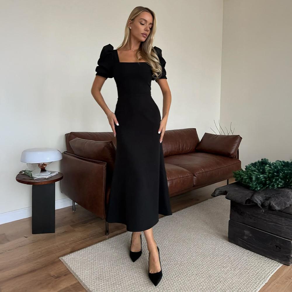 Čtvercový výstřih krátký rukáv šaty Evropské a Americké léto nový temperament úzký střih bublinkový rukáv šaty