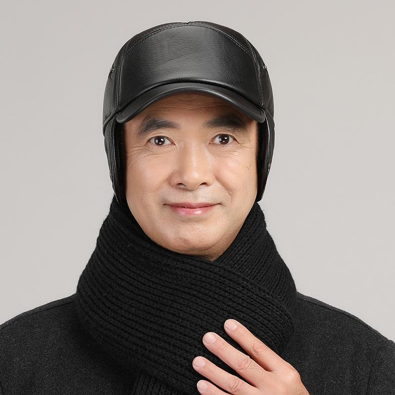 Men's autumn and winter ear protection hat, warm cotton hat, old man hat, father leather cap, cold-proof baseball cap