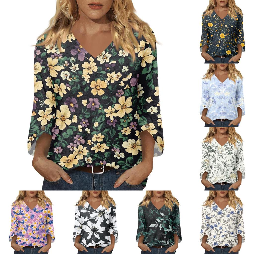 Womens V Neck Three Quarter Sleeve Floral Print Casual Loose Fit Top Comfortable Lightweight Blouse for Daily Wear Office and Travel