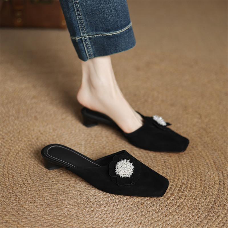 Fashion New Summer Slippers Sheep Suede Slippers for Women Fashion Flower Square Toe Ladies Shoes Low Heels Cover Toe Slippers Sandals
